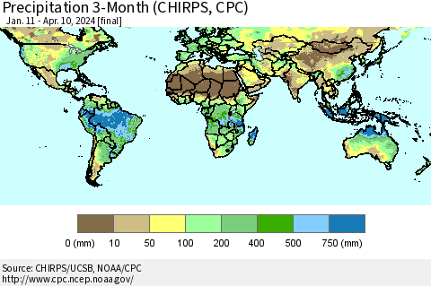 World Precipitation 3-Month (CHIRPS) Thematic Map For 1/11/2024 - 4/10/2024