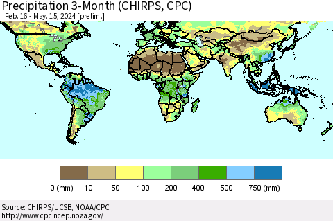 World Precipitation 3-Month (CHIRPS) Thematic Map For 2/16/2024 - 5/15/2024
