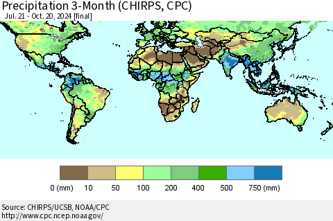 World Precipitation 3-Month (CHIRPS) Thematic Map For 7/21/2024 - 10/20/2024