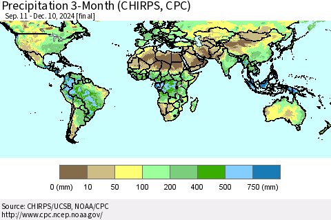 World Precipitation 3-Month (CHIRPS) Thematic Map For 9/11/2024 - 12/10/2024