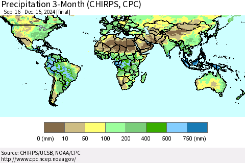 World Precipitation 3-Month (CHIRPS) Thematic Map For 9/16/2024 - 12/15/2024