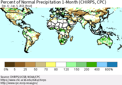 World Percent of Normal Precipitation 1-Month (CHIRPS) Thematic Map For 12/6/2020 - 1/5/2021