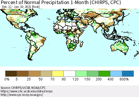 World Percent of Normal Precipitation 1-Month (CHIRPS) Thematic Map For 12/11/2020 - 1/10/2021
