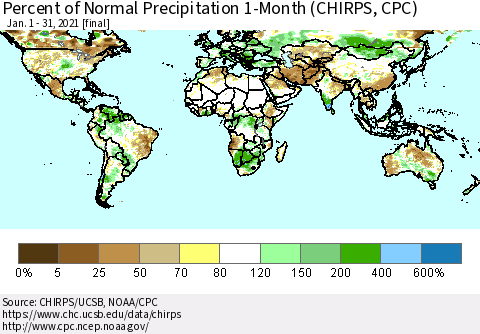 World Percent of Normal Precipitation 1-Month (CHIRPS) Thematic Map For 1/1/2021 - 1/31/2021