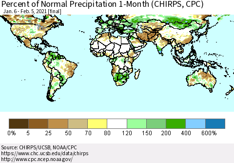 World Percent of Normal Precipitation 1-Month (CHIRPS) Thematic Map For 1/6/2021 - 2/5/2021