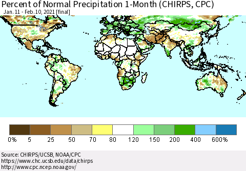 World Percent of Normal Precipitation 1-Month (CHIRPS) Thematic Map For 1/11/2021 - 2/10/2021