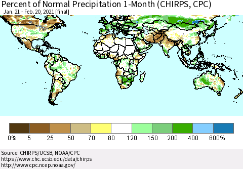World Percent of Normal Precipitation 1-Month (CHIRPS) Thematic Map For 1/21/2021 - 2/20/2021
