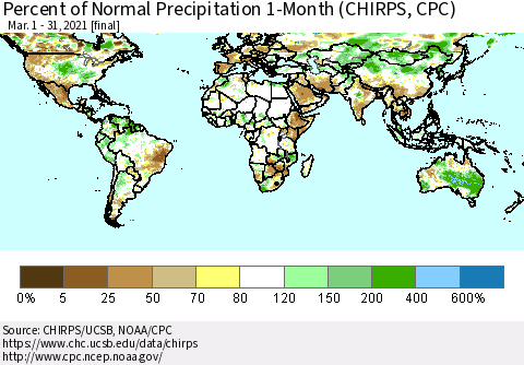 World Percent of Normal Precipitation 1-Month (CHIRPS) Thematic Map For 3/1/2021 - 3/31/2021