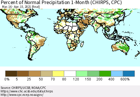 World Percent of Normal Precipitation 1-Month (CHIRPS) Thematic Map For 3/16/2021 - 4/15/2021