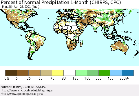 World Percent of Normal Precipitation 1-Month (CHIRPS) Thematic Map For 3/26/2021 - 4/25/2021