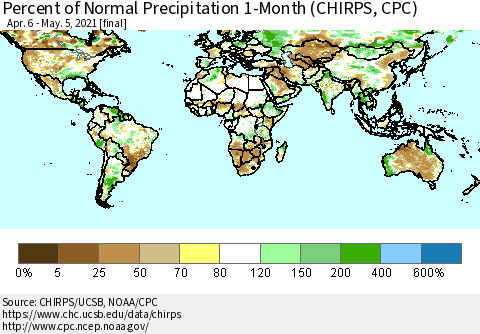 World Percent of Normal Precipitation 1-Month (CHIRPS) Thematic Map For 4/6/2021 - 5/5/2021