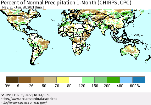 World Percent of Normal Precipitation 1-Month (CHIRPS) Thematic Map For 5/21/2021 - 6/20/2021