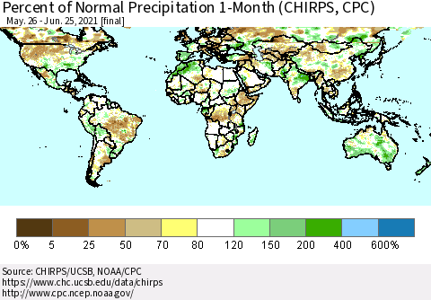 World Percent of Normal Precipitation 1-Month (CHIRPS) Thematic Map For 5/26/2021 - 6/25/2021