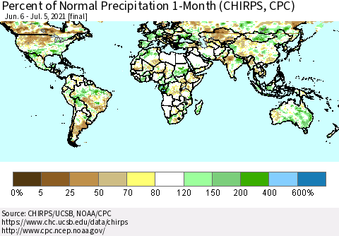 World Percent of Normal Precipitation 1-Month (CHIRPS) Thematic Map For 6/6/2021 - 7/5/2021