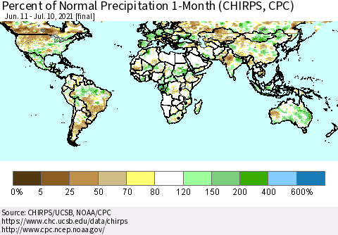 World Percent of Normal Precipitation 1-Month (CHIRPS) Thematic Map For 6/11/2021 - 7/10/2021
