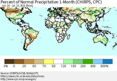 World Percent of Normal Precipitation 1-Month (CHIRPS) Thematic Map For 6/16/2021 - 7/15/2021