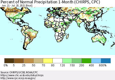 World Percent of Normal Precipitation 1-Month (CHIRPS) Thematic Map For 6/21/2021 - 7/20/2021