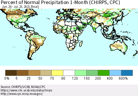 World Percent of Normal Precipitation 1-Month (CHIRPS) Thematic Map For 6/26/2021 - 7/25/2021
