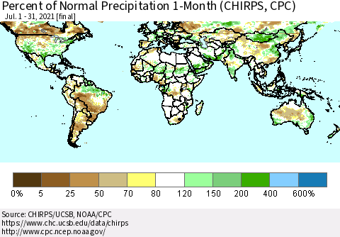 World Percent of Normal Precipitation 1-Month (CHIRPS) Thematic Map For 7/1/2021 - 7/31/2021