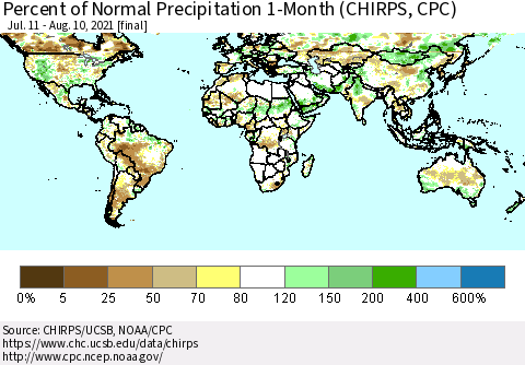 World Percent of Normal Precipitation 1-Month (CHIRPS) Thematic Map For 7/11/2021 - 8/10/2021