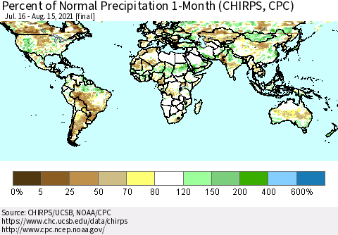 World Percent of Normal Precipitation 1-Month (CHIRPS) Thematic Map For 7/16/2021 - 8/15/2021