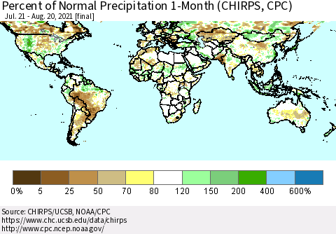 World Percent of Normal Precipitation 1-Month (CHIRPS) Thematic Map For 7/21/2021 - 8/20/2021
