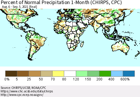 World Percent of Normal Precipitation 1-Month (CHIRPS) Thematic Map For 8/6/2021 - 9/5/2021