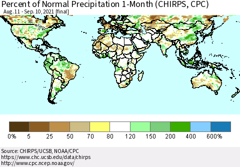 World Percent of Normal Precipitation 1-Month (CHIRPS) Thematic Map For 8/11/2021 - 9/10/2021