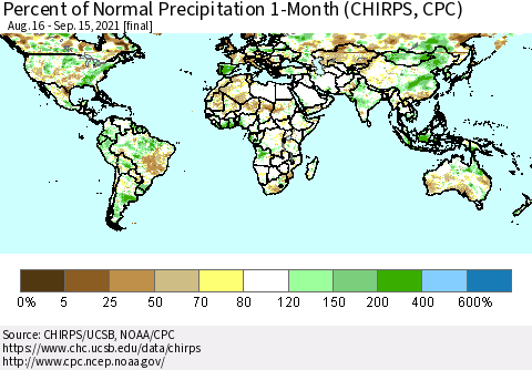 World Percent of Normal Precipitation 1-Month (CHIRPS) Thematic Map For 8/16/2021 - 9/15/2021