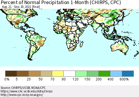 World Percent of Normal Precipitation 1-Month (CHIRPS) Thematic Map For 8/21/2021 - 9/20/2021