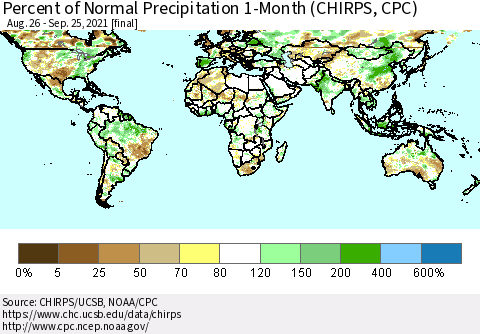 World Percent of Normal Precipitation 1-Month (CHIRPS) Thematic Map For 8/26/2021 - 9/25/2021