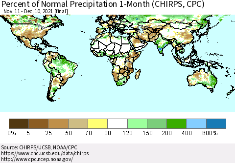 World Percent of Normal Precipitation 1-Month (CHIRPS) Thematic Map For 11/11/2021 - 12/10/2021
