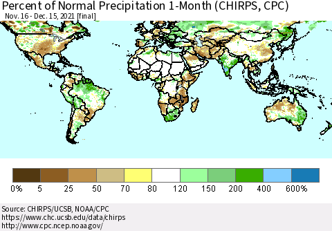 World Percent of Normal Precipitation 1-Month (CHIRPS) Thematic Map For 11/16/2021 - 12/15/2021