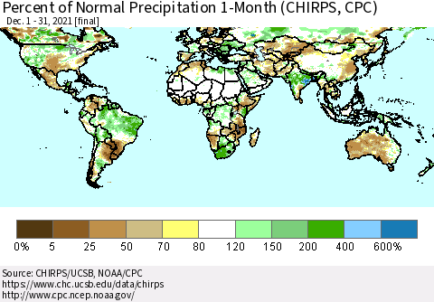 World Percent of Normal Precipitation 1-Month (CHIRPS) Thematic Map For 12/1/2021 - 12/31/2021