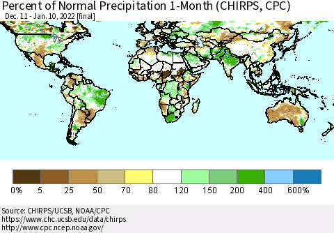 World Percent of Normal Precipitation 1-Month (CHIRPS) Thematic Map For 12/11/2021 - 1/10/2022