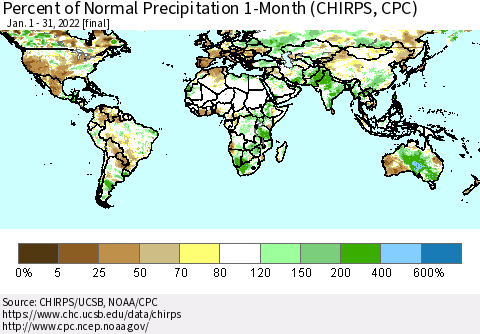 World Percent of Normal Precipitation 1-Month (CHIRPS) Thematic Map For 1/1/2022 - 1/31/2022