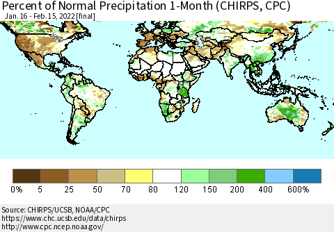 World Percent of Normal Precipitation 1-Month (CHIRPS) Thematic Map For 1/16/2022 - 2/15/2022