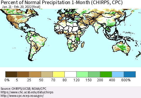 World Percent of Normal Precipitation 1-Month (CHIRPS) Thematic Map For 1/21/2022 - 2/20/2022
