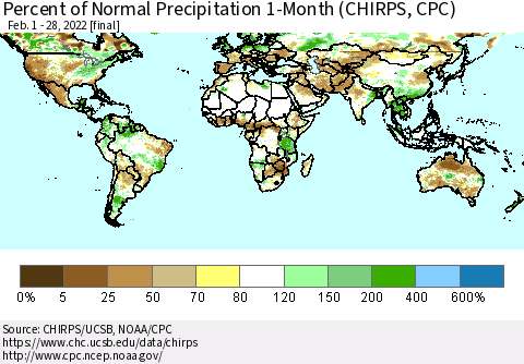 World Percent of Normal Precipitation 1-Month (CHIRPS) Thematic Map For 2/1/2022 - 2/28/2022