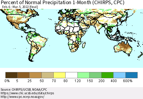 World Percent of Normal Precipitation 1-Month (CHIRPS) Thematic Map For 2/6/2022 - 3/5/2022