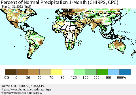 World Percent of Normal Precipitation 1-Month (CHIRPS) Thematic Map For 3/1/2022 - 3/31/2022