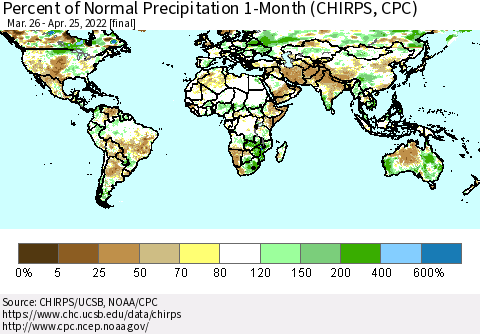 World Percent of Normal Precipitation 1-Month (CHIRPS) Thematic Map For 3/26/2022 - 4/25/2022
