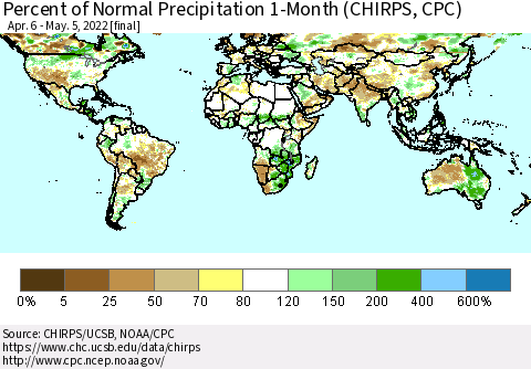 World Percent of Normal Precipitation 1-Month (CHIRPS) Thematic Map For 4/6/2022 - 5/5/2022