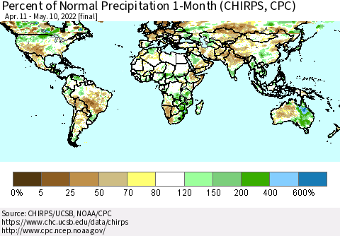 World Percent of Normal Precipitation 1-Month (CHIRPS) Thematic Map For 4/11/2022 - 5/10/2022