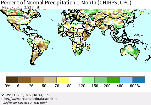 World Percent of Normal Precipitation 1-Month (CHIRPS) Thematic Map For 5/6/2022 - 6/5/2022