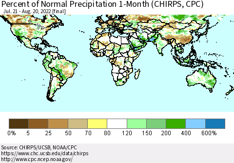 World Percent of Normal Precipitation 1-Month (CHIRPS) Thematic Map For 7/21/2022 - 8/20/2022