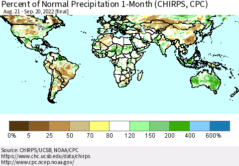 World Percent of Normal Precipitation 1-Month (CHIRPS) Thematic Map For 8/21/2022 - 9/20/2022
