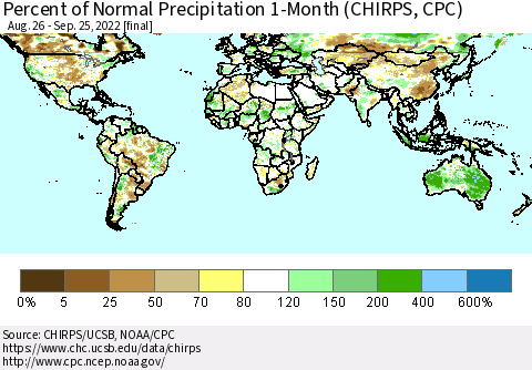 World Percent of Normal Precipitation 1-Month (CHIRPS) Thematic Map For 8/26/2022 - 9/25/2022
