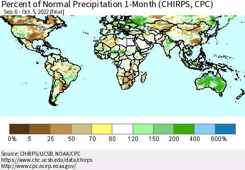 World Percent of Normal Precipitation 1-Month (CHIRPS) Thematic Map For 9/6/2022 - 10/5/2022