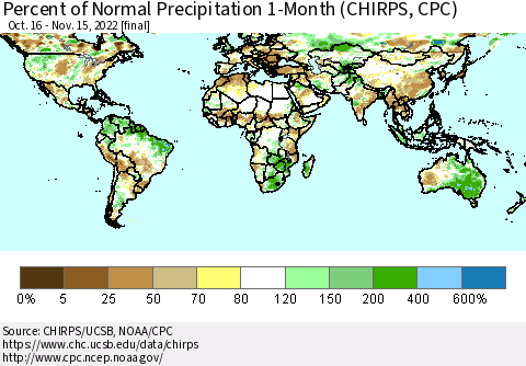 World Percent of Normal Precipitation 1-Month (CHIRPS) Thematic Map For 10/16/2022 - 11/15/2022
